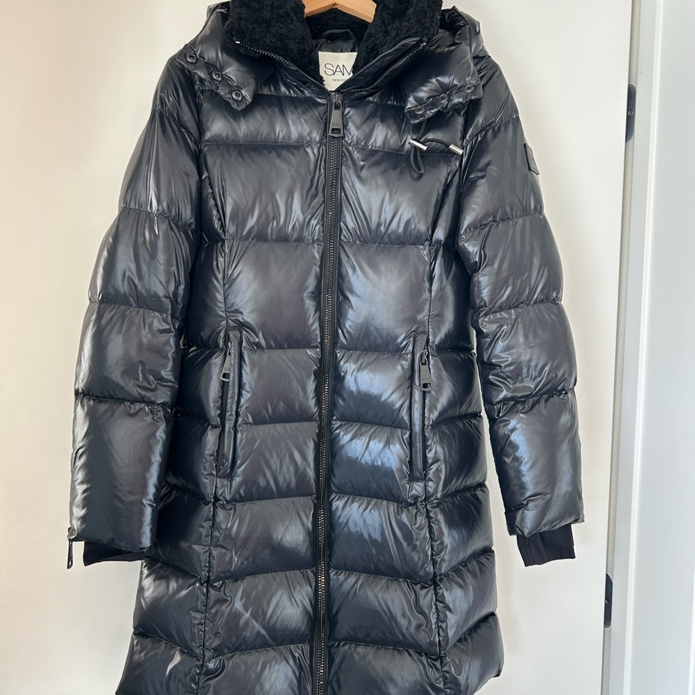 SAM NYC SAVANNAH BLACK PUFFER COAT W HOOD SHEARLING COLLAR DOWN FILLED S
